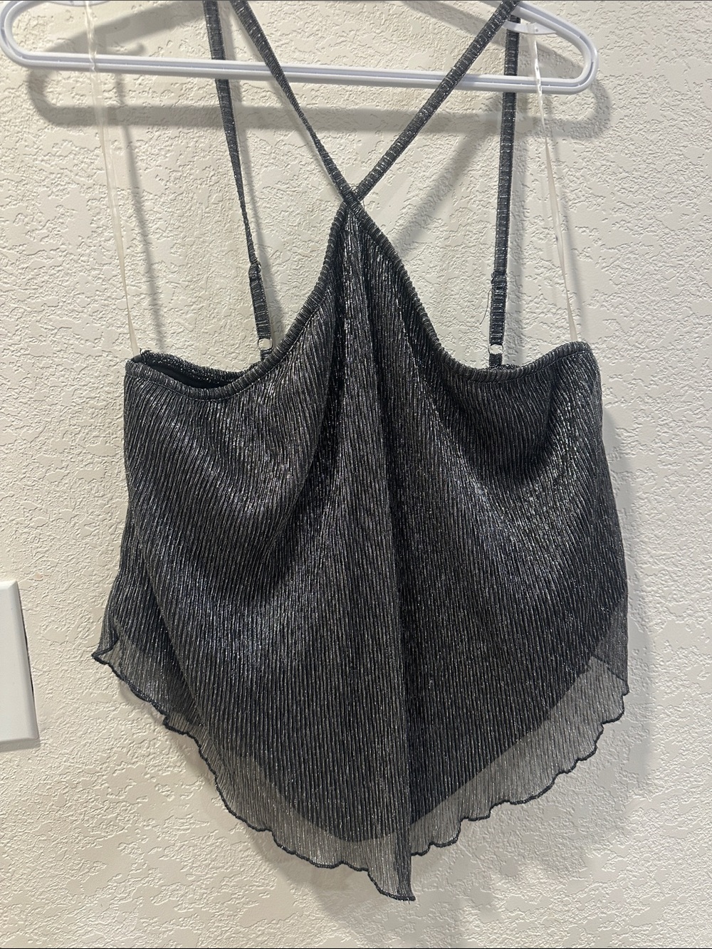 No Boundaries Shimmery Black Crisscross Pleated Cami
